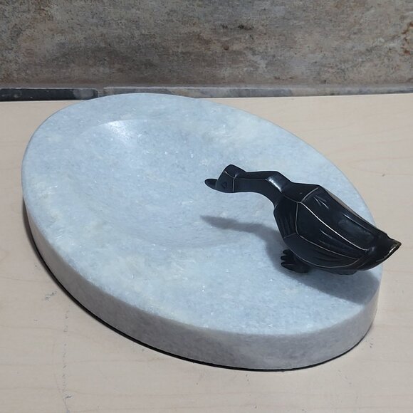 Decorative Marble Soap Dish Jewelry Holder Black Metal Bird Figure - Picture 11 of 12